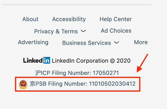 PSB filing number on LinkedIn site when loaded from China